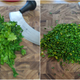 Herbs before and after the mezzaluna is put to work